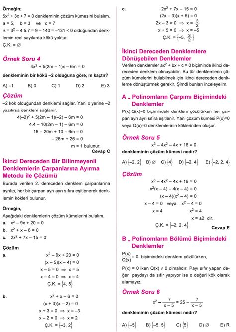 matematik 10 sınıf ikinci dereceden denklemler